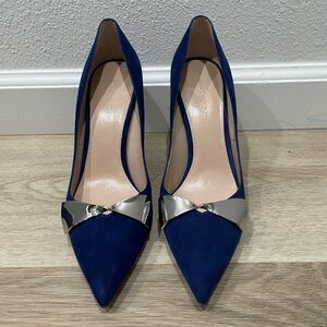 Stuart Weitzman Stanton 90 Pump Heel Womens 7.5 Blue Suede Pointed Toe Metal Bow